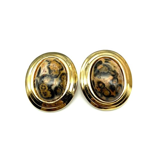 Ocean Jasper Oval Cabochon Earrings in Tiered Gold Tone Frames, Vintage Clip On - Picture 2 of 5